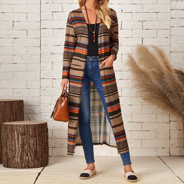 

Striped Drop Shoulder Open Front Coat, Multicolor