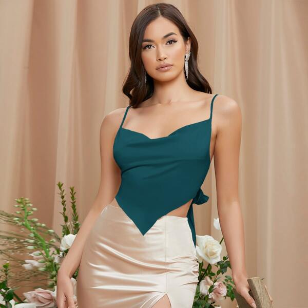 

Draped Neck Hanky Hem Tie Back Cami Top, Dark green