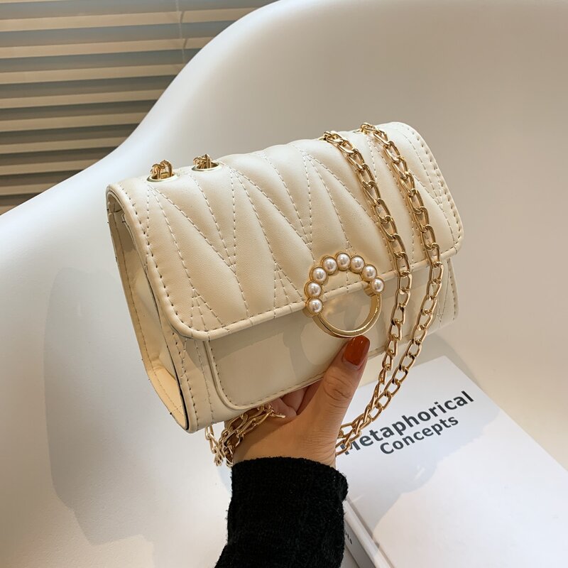 

Faux Pearl Decor Chain Shoulder Bag, Beige