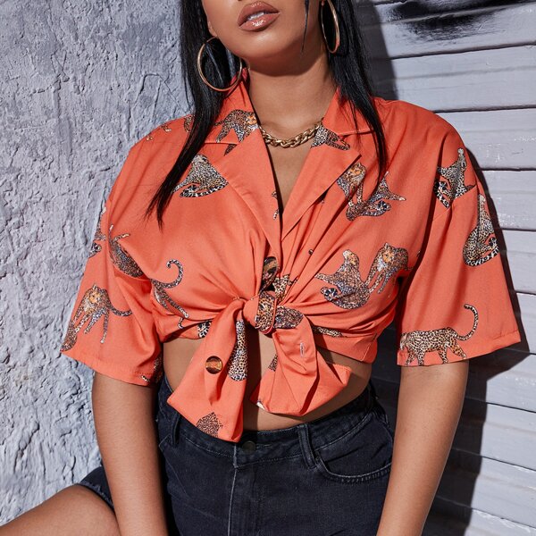 

Plus Leopard Print Button Front Blouse, Orange