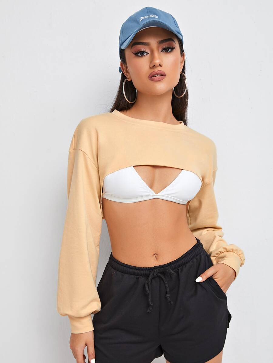 SHEIN Coolane Drop Shoulder Super Crop Pullover - Khaki - View 1