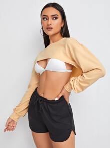 SHEIN Coolane Drop Shoulder Super Crop Pullover - Khaki - View 4