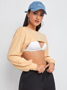 SHEIN Coolane Drop Shoulder Super Crop Pullover - Khaki - View 5