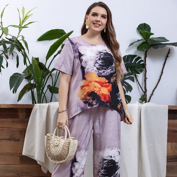 

Plus Floral Print Top & Wide Leg Pants Set, Multicolor