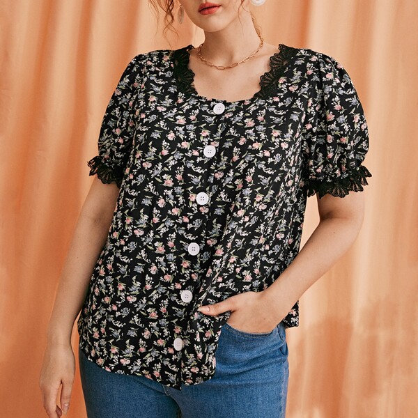 

Plus Ditsy Floral Contrast Lace Buttoned Blouse, Black