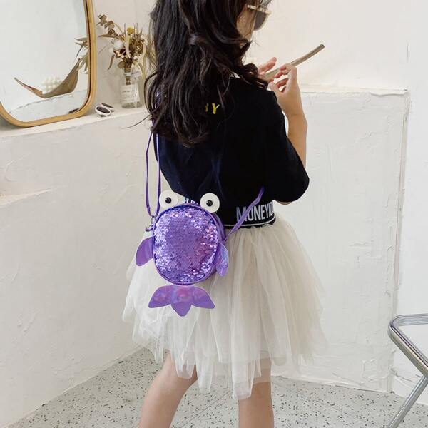 

Girls Sequin Decor Fish Design Crossbody Bag, Purple