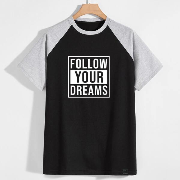 

Men Slogan Graphic Raglan Sleeve Two Tone Tee, Black
