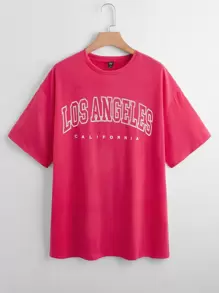 SHEIN EZwear Plus Letter Graphic Drop Shoulder Tee - Hot Pink - View 1
