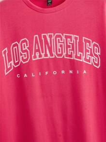 SHEIN EZwear Plus Letter Graphic Drop Shoulder Tee - Hot Pink - View 4