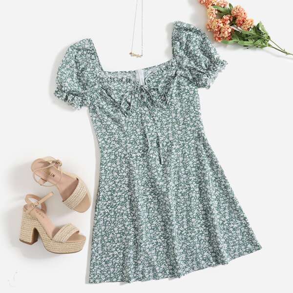 

Ditsy Floral Print Knot Front Zip Back Dress, Green