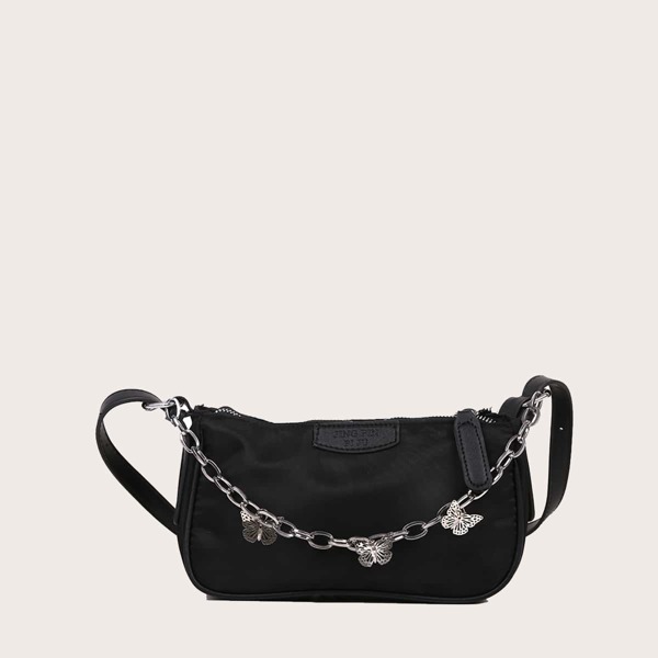 

Metal Butterfly Decor Baguette Bag, Black
