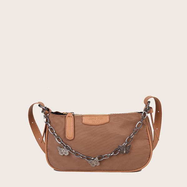 

Metal Butterfly Decor Baguette Bag, Brown