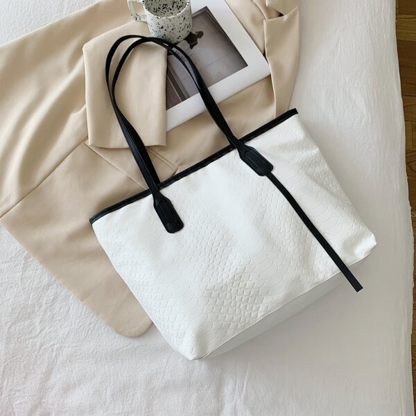 

Snakeskin Large Capacity Tote Bag, White