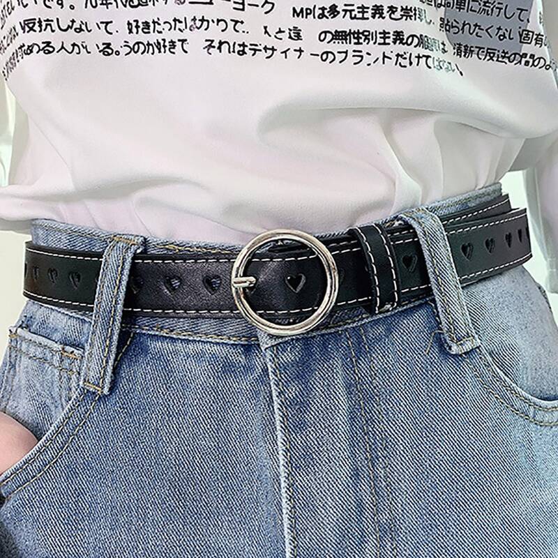 

Round Buckle Heart Hollow Out Belt, Black