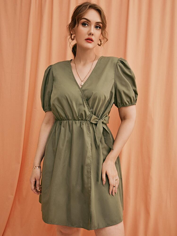 Plus Surplice Neck Puff Sleeve Knot Side Dress - Army Green - View 3