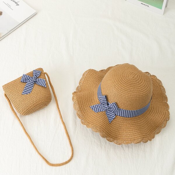 

Girls Minimalist Bow Decor Straw Bag With Hat, Coffee brown