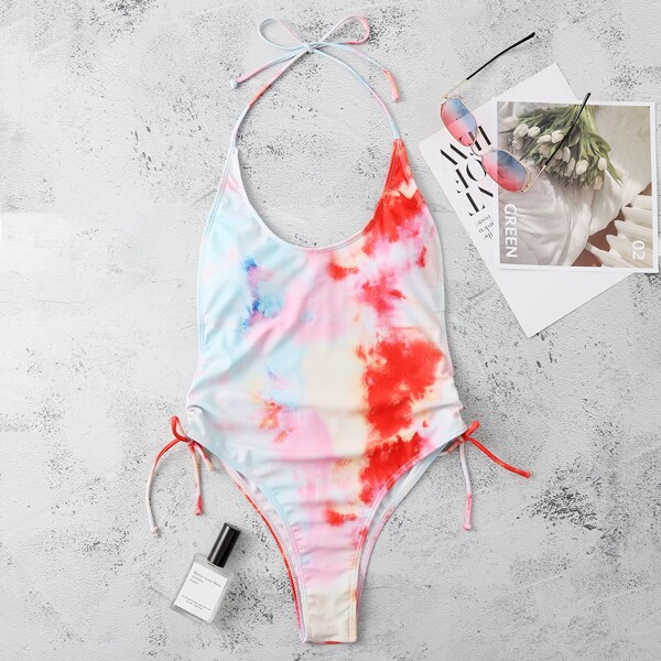 

Tie Dye Halter One Piece Swimsuit, Multicolor