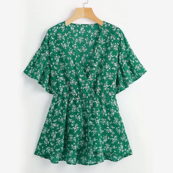 

Plus Ditsy Floral Wrap Smock Blouse, Green