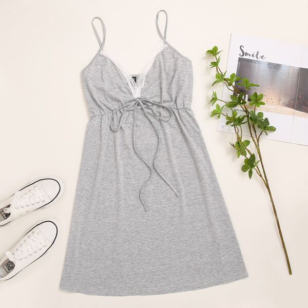 

Plus Knot Front Lace Trim Cami Dress, Grey