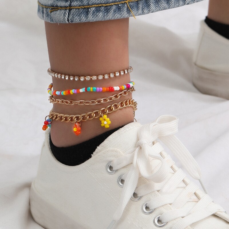 

4pcs Flower & Rhinestone Anklet, Gold