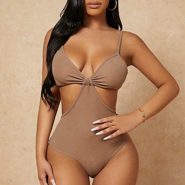 

Cut Out Detail Skinny Cami Bodysuit, Khaki