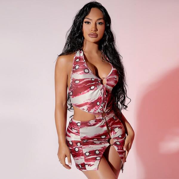 

Tie Dye Print O-Ring Halter Bodycon Mini Dress, Multicolor