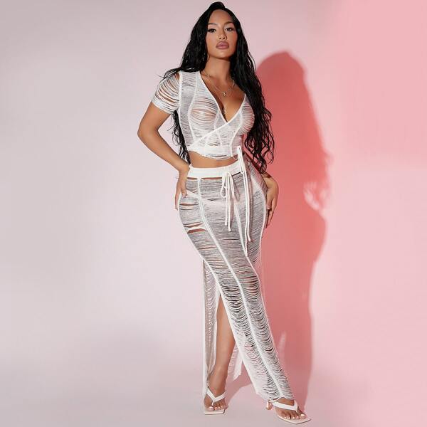 

Fringed Self-Tie Crop Cover Up Top And Crochet Knit Drawstring Skirt Set, White