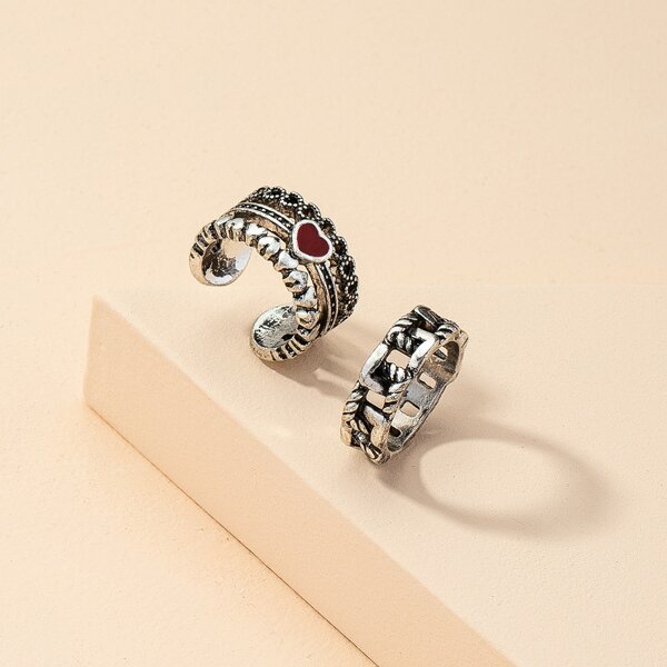 

2pcs Heart Decor Ring, Silver