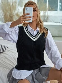 Striped V-neck Cable Knit Sweater Vest - Black - View 1