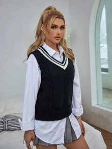 Striped V-neck Cable Knit Sweater Vest - Black - View 6