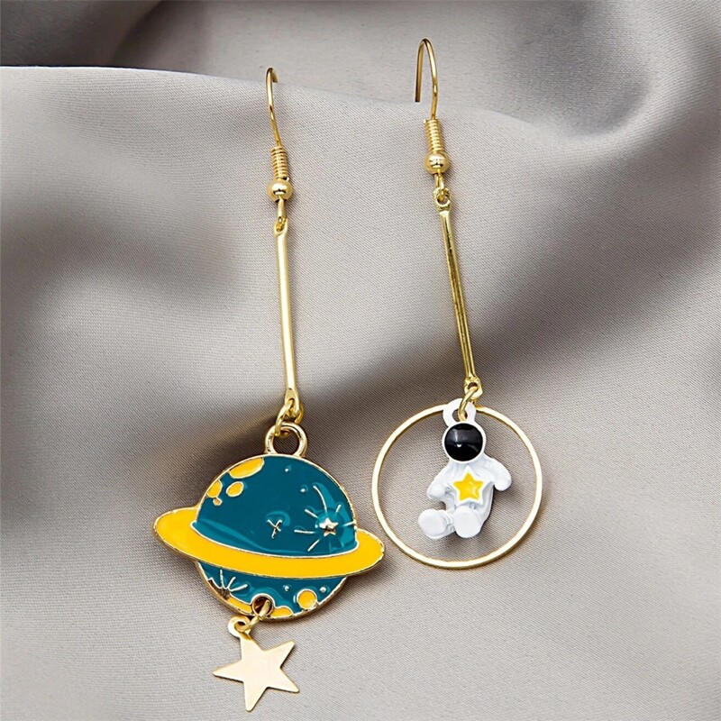 

Astronaut & Planet Drop Earrings, Gold