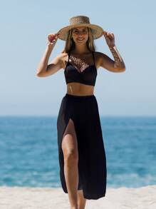 Swim Vcay Summer Beach 3packs Solid Underwire High Waisted Bikini & Beach Skirt - Black - View 1