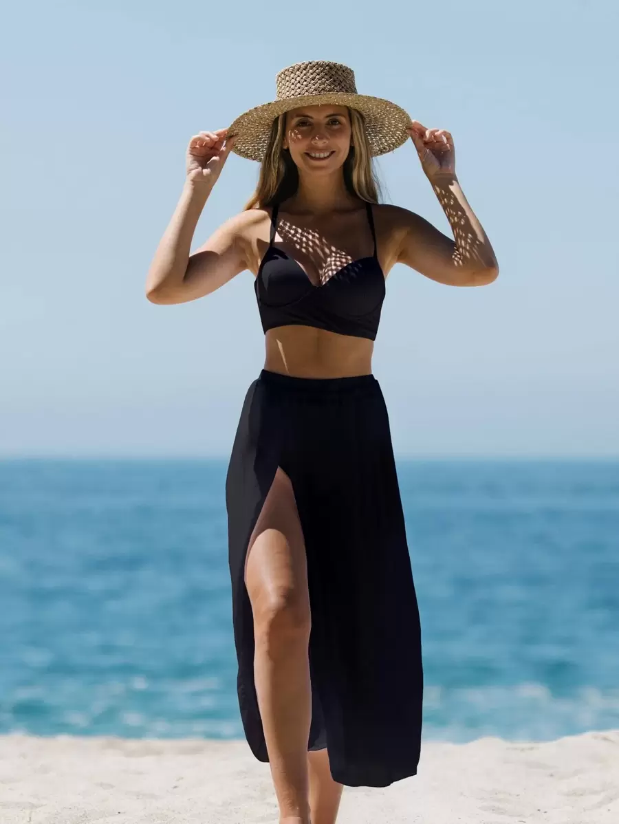 Swim Vcay Summer Beach 3packs Solid Underwire High Waisted Bikini & Beach Skirt - Black - View 1