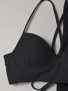 Swim Vcay Summer Beach 3packs Solid Underwire High Waisted Bikini & Beach Skirt - Black - View 3