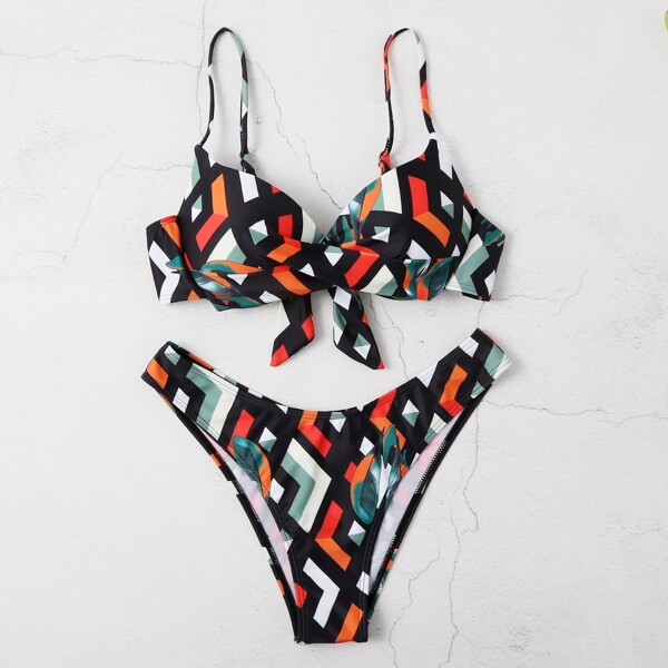 

Leaf & Geo Print Twist Front Bikini Swimsuit, Multicolor