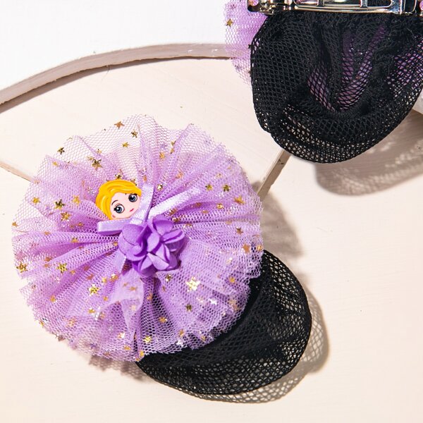 

2pcs Girls Cartoon Decor Hair Clip With Net, Purple