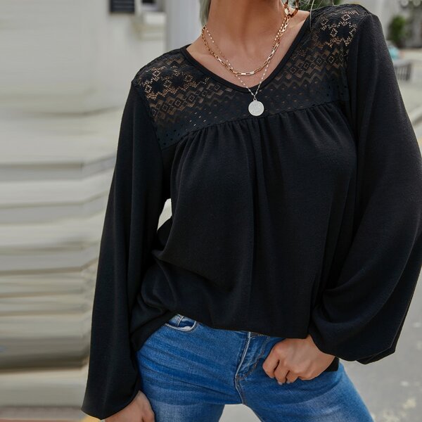 

Contrast Lace Top, Black