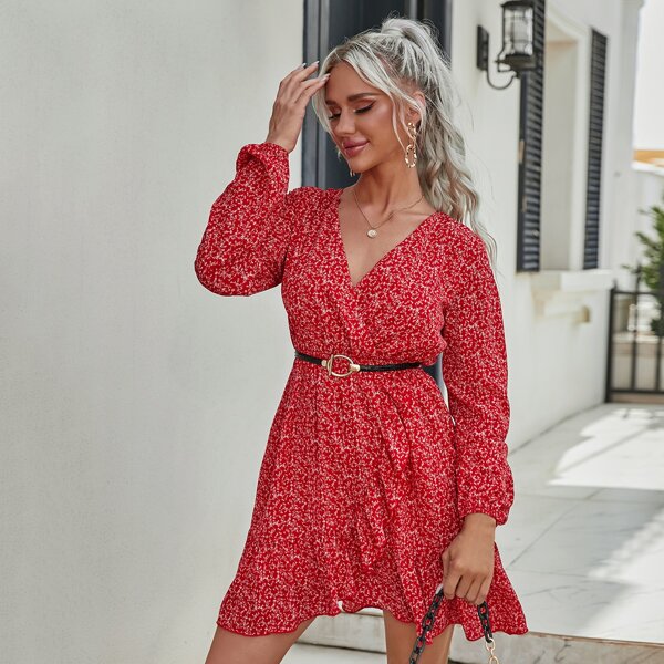 

Ditsy Floral Wrap A-line Dress Without Belt, Red