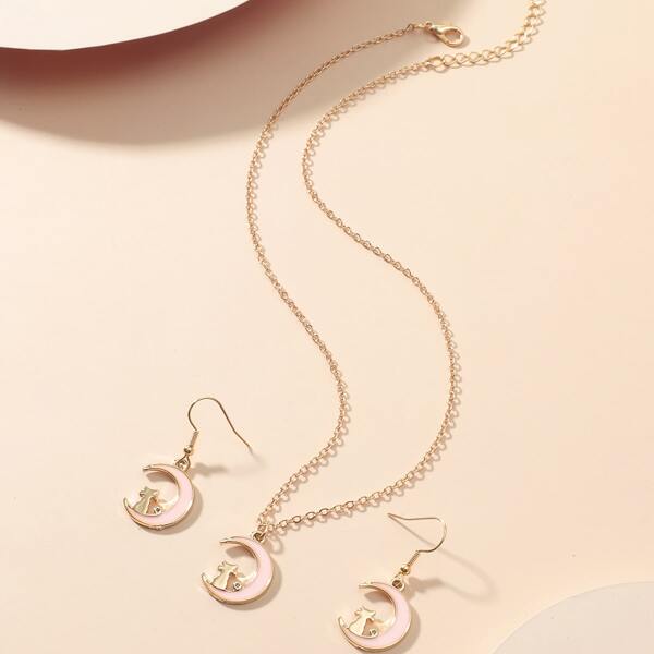 

3pcs Girls Moon Decor Jewelry Set, Pink
