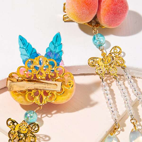 

2pcs Girls Peach & Flower Decor Hair Clip, Multicolor