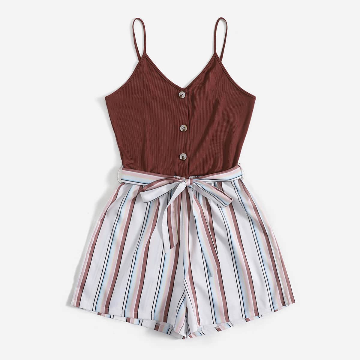 

Contrast Striped Button Front Belted Romper, Multicolor