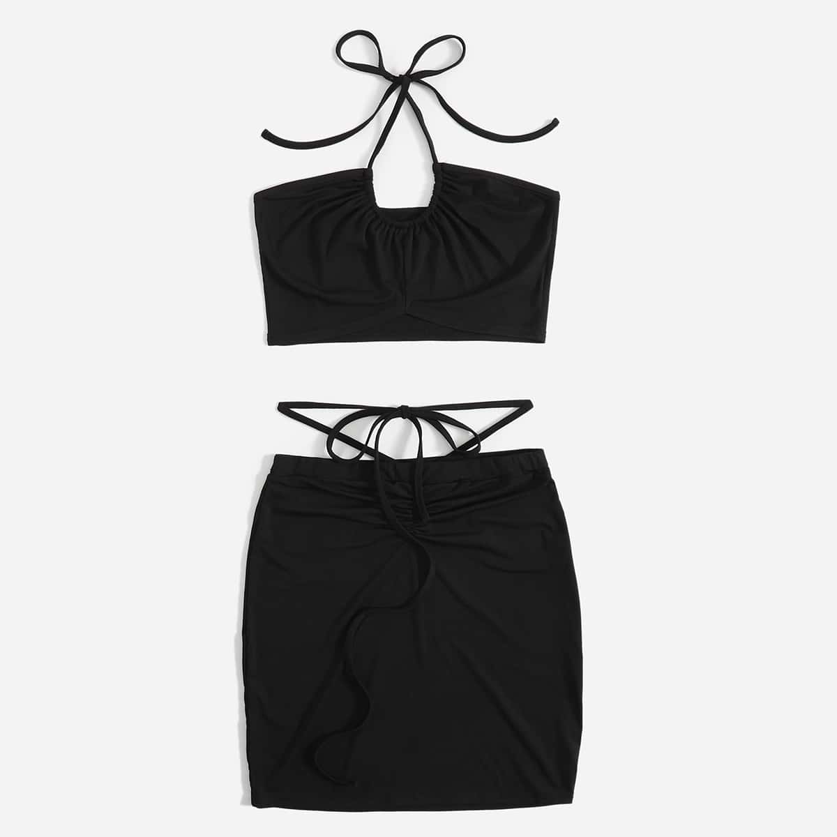 

Solid Crop Halter Top & Ruched Skirt, Black