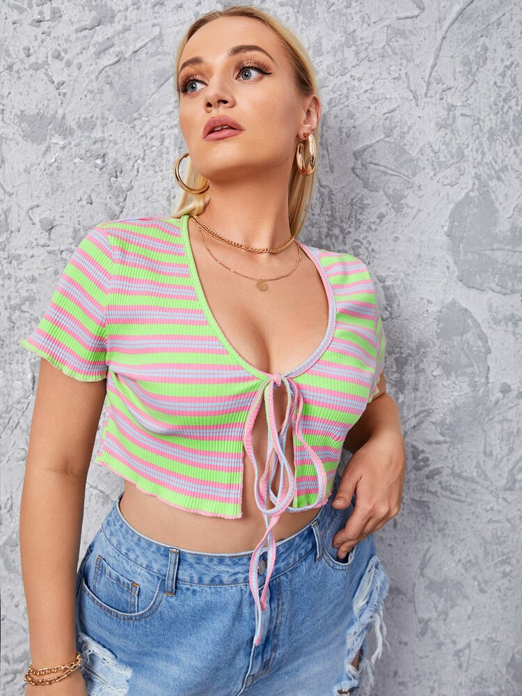 Plus Striped Tie Front Crop Top - Multicolor - View 4