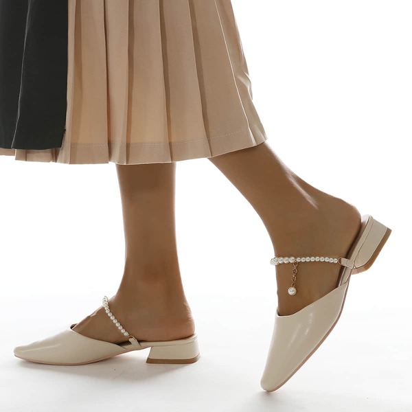 

Square Toe Faux Pearl Decor Flat Mules, Beige