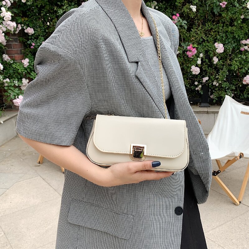 

Metal Lock Flap Chain Bag, Beige