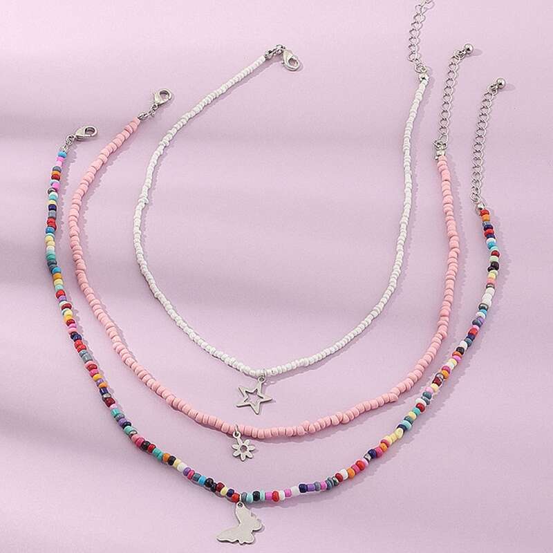 

3pcs Star & Butterfly Beaded Necklace, Multicolor