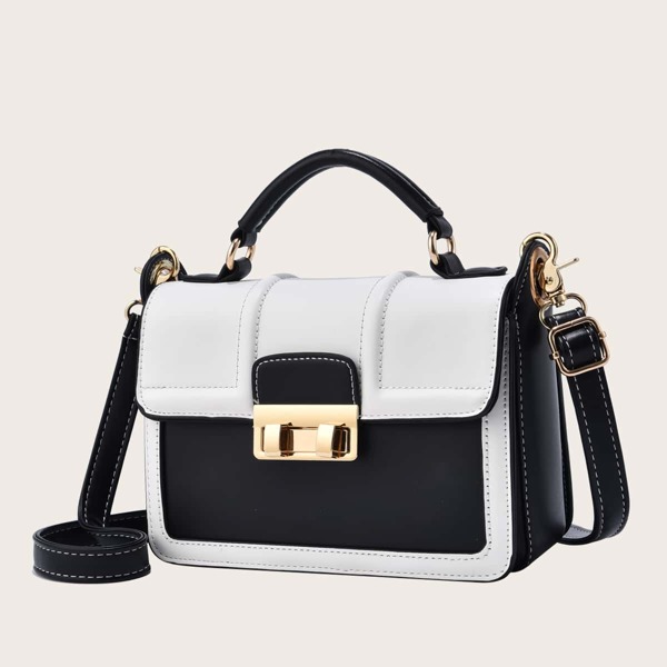 

Colorblock Pattern Lock Satchel Bag, Black and white