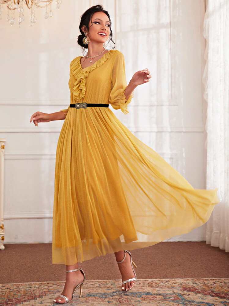 Modelyn 荷葉邊荷葉邊袖A字型洋裝 - 黃色 - 查看 1