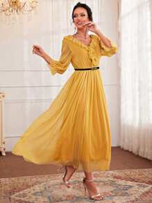 Modelyn 荷葉邊荷葉邊袖A字型連衣裙 - 黃色 - 查看 4