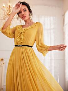 Modelyn 荷葉邊荷葉邊袖A字型連衣裙 - 黃色 - 查看 5